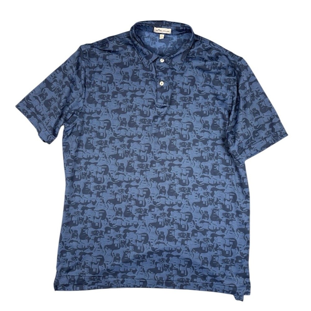 PETER MILLAR Polo Men's L Guitar Print Blue Performance Golf Short Sleeve Polo